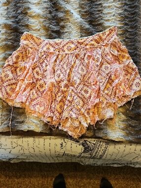 Free People Peach and Mauve Printed Ruffled Shorts